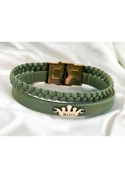 14 Ayar Altın Plakalı Merve Ismine Özel Taç Motifli Zeytin Yeşili Derili Hediye BILEKLIK-640ISIM fiyatları