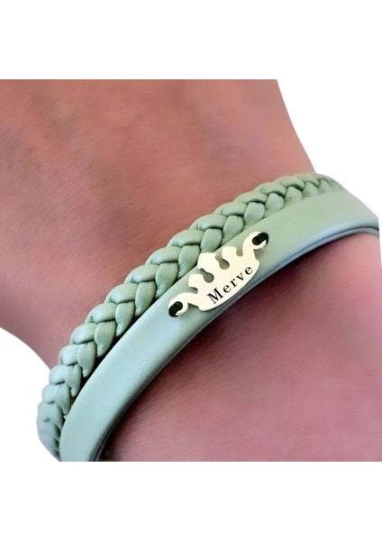 14 Ayar Altın Plakalı Merve Ismine Özel Taç Motifli Zeytin Yeşili Derili Hediye BILEKLIK-640ISIM fırsatları