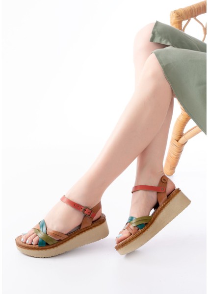 Bayan Sandalet 730-037 Multi Hakiki Deri Ortopedik Taban Kadın Sandalet