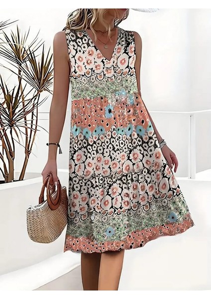 Kadın Kolsuz V Yaka Çiçek Desenli Süprem Elbise Standart-Desenli