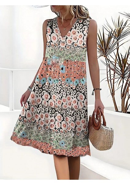 Kadın Kolsuz V Yaka Çiçek Desenli Süprem Elbise Standart-Desenli modelleri