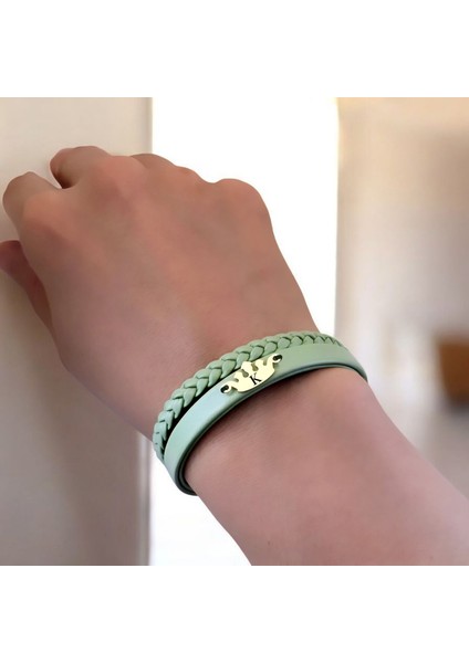 14 Ayar Altın Plakalı K Harfine Özel Taç Motifli Zeytin Yeşili Derili Hediye BILEKLIK-640HARF