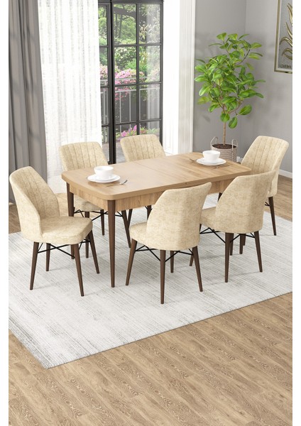 Arel Meşe 80X132 Açılabilir Mdf Masa Yemek Odası Takımı, Mutfak Takımı 6 Adet Sandalye