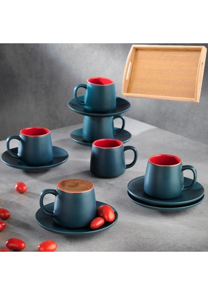 Porselen Çift Renk Kahve Takımı ve Bambu Servis Tepsisi