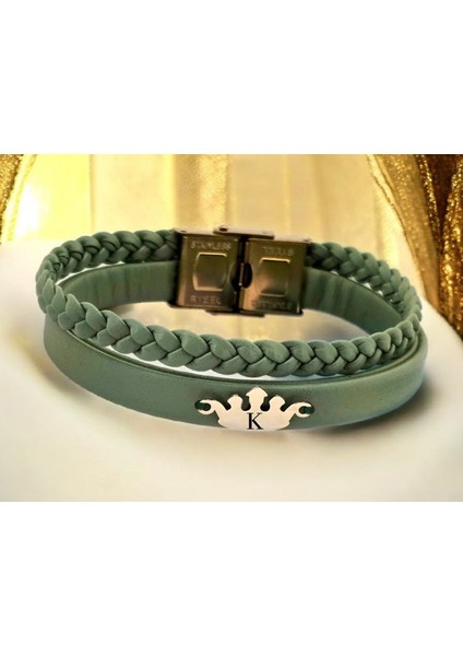 14 Ayar Altın Plakalı K Harfine Özel Taç Motifli Zeytin Yeşili Derili Hediye BILEKLIK-640HARF fiyatları