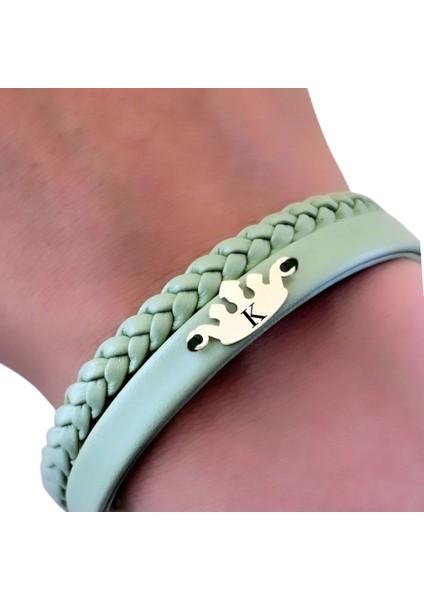 14 Ayar Altın Plakalı K Harfine Özel Taç Motifli Zeytin Yeşili Derili Hediye BILEKLIK-640HARF fırsatları