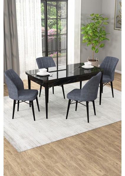 Arel Siyah Mermer 80X132 Açılabilir Mdf Masa Yemek Odası Takımı, Mutfak Takımı 4 Adet Sandalye