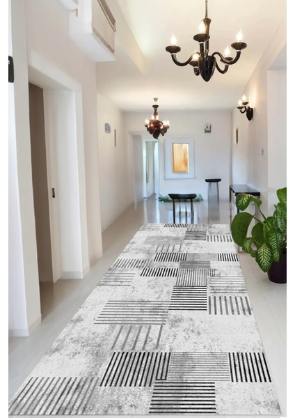Dijital Kaymaz Yıkanabilir Modern Çizgili Gri Antrasit Salon Halısı Mutfak Halısı Yolluk DC-7194