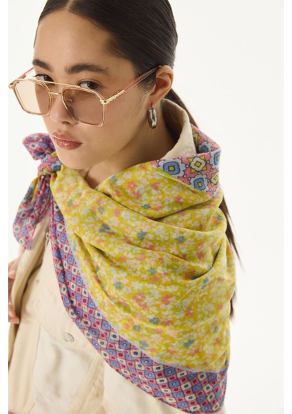 Violet Geometrik Çiçek Desen Şeker Pembe Pamuklu Şal