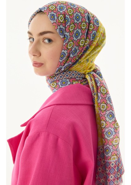 Violet Geometrik Çiçek Desen Şeker Pembe Pamuklu Şal