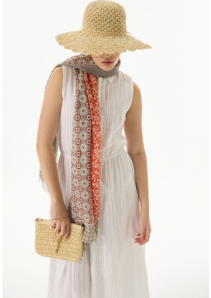 Violet Geometrik Çiçek Desen Turuncu Pamuklu Şal