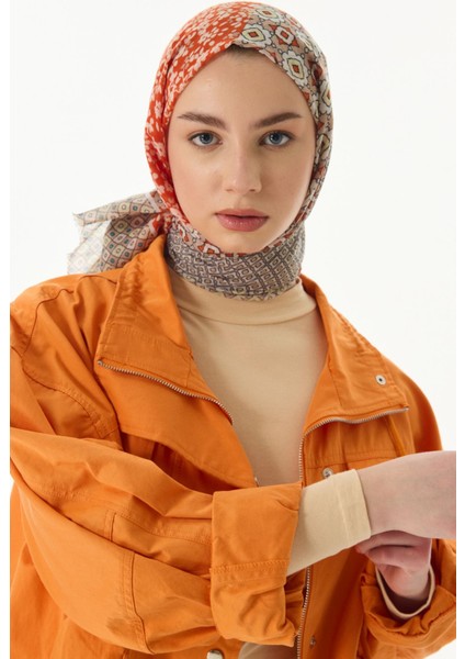 Violet Geometrik Çiçek Desen Turuncu Pamuklu Şal