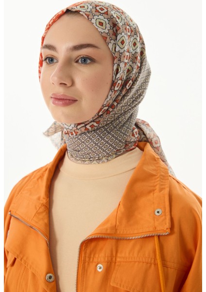 Violet Geometrik Çiçek Desen Turuncu Pamuklu Şal