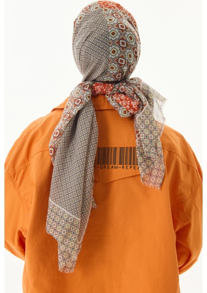 Violet Geometrik Çiçek Desen Turuncu Pamuklu Şal