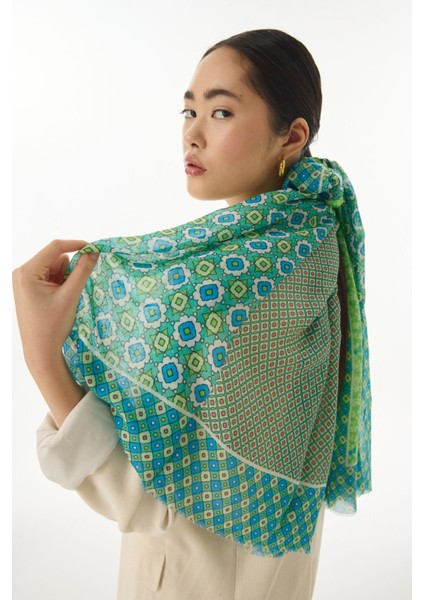 Violet Geometrik Çiçek Desen Neon Yeşil Pamuklu Şal