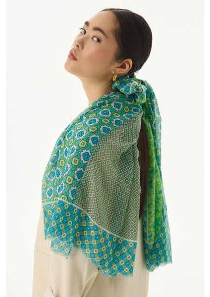 Violet Geometrik Çiçek Desen Neon Yeşil Pamuklu Şal fiyatları