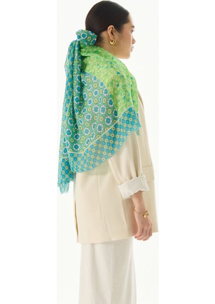 Violet Geometrik Çiçek Desen Neon Yeşil Pamuklu Şal modelleri