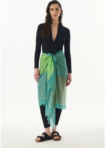 Violet Geometrik Çiçek Desen Neon Yeşil Pamuklu Şal fırsatları