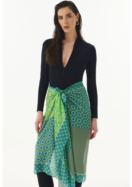 Violet Geometrik Çiçek Desen Neon Yeşil Pamuklu Şal indirimleri