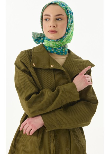 Violet Geometrik Çiçek Desen Neon Yeşil Pamuklu Şal