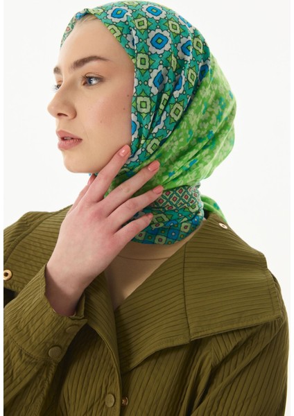 Violet Geometrik Çiçek Desen Neon Yeşil Pamuklu Şal