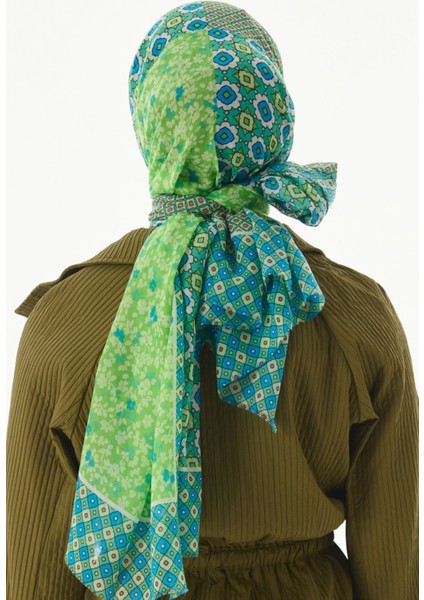 Violet Geometrik Çiçek Desen Neon Yeşil Pamuklu Şal