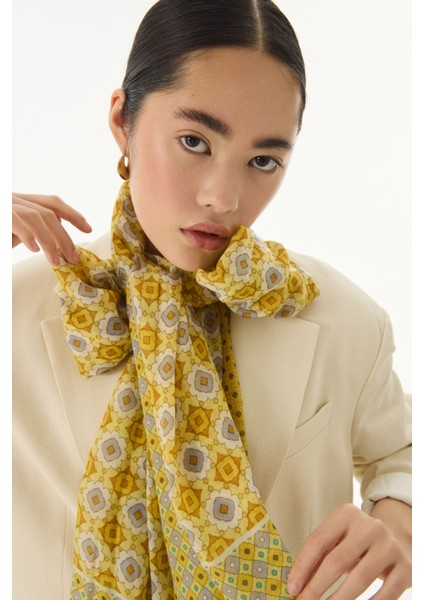 Violet Geometrik Çiçek Desen Sarı Pamuklu Şal