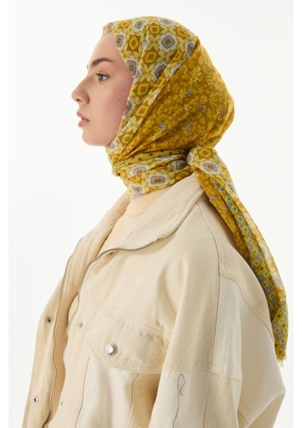 Violet Geometrik Çiçek Desen Sarı Pamuklu Şal fırsatları