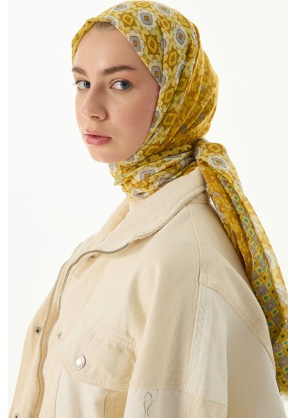 Violet Geometrik Çiçek Desen Sarı Pamuklu Şal indirimleri
