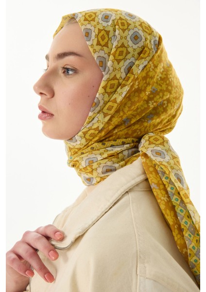 Violet Geometrik Çiçek Desen Sarı Pamuklu Şal