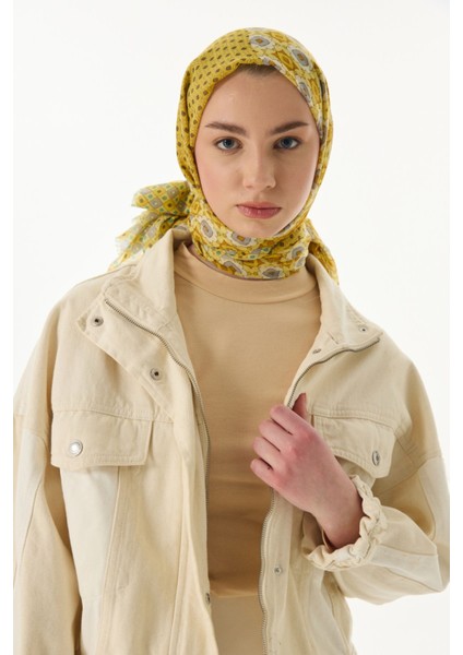 Violet Geometrik Çiçek Desen Sarı Pamuklu Şal