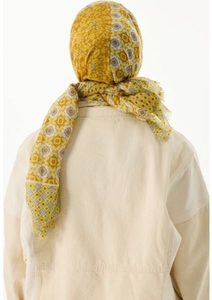 Violet Geometrik Çiçek Desen Sarı Pamuklu Şal
