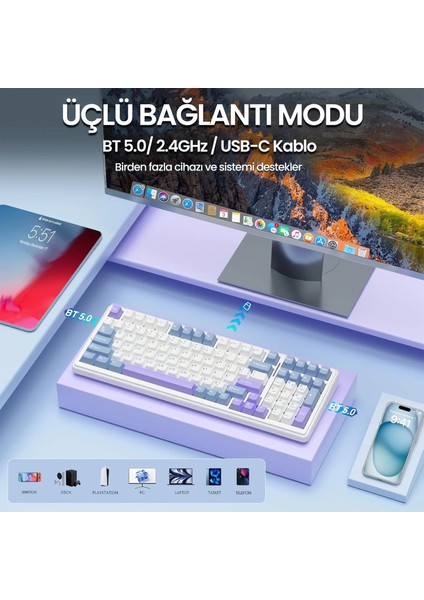 F99 3 Modlu Rgb Hot Swap Mekanik Reaper Switch Kablosuz Makrolu Klavye Mavi modelleri