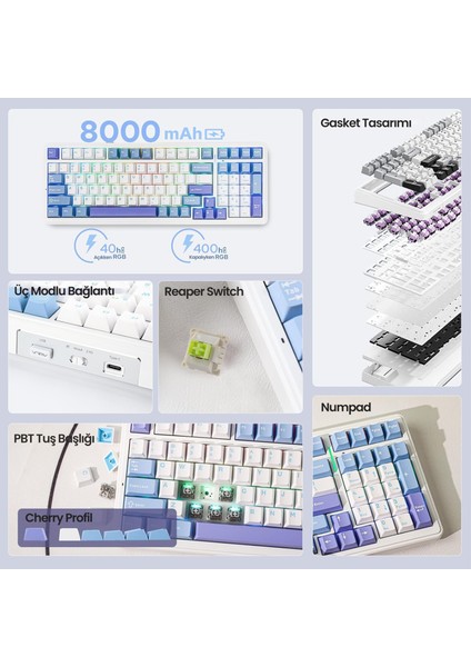 F99 3 Modlu Rgb Hot Swap Mekanik Reaper Switch Kablosuz Makrolu Klavye Mavi fırsatları
