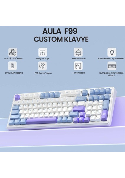 F99 3 Modlu Rgb Hot Swap Mekanik Reaper Switch Kablosuz Makrolu Klavye Mavi indirimleri