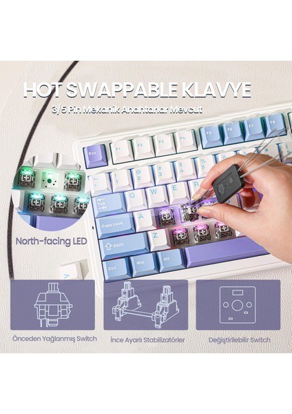 F99 3 Modlu Rgb Hot Swap Mekanik Reaper Switch Kablosuz Makrolu Klavye Mavi