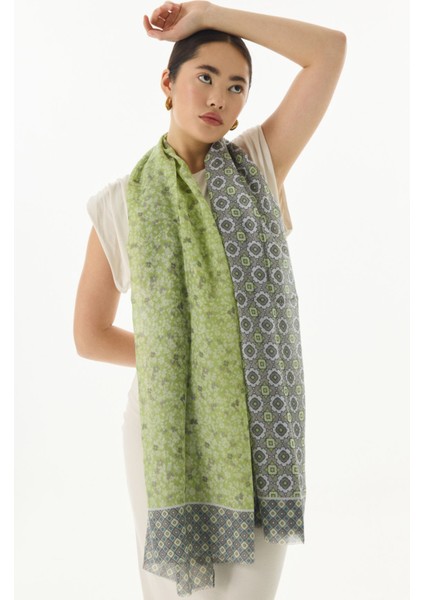 Violet Geometrik Çiçek Desen Haki Pamuklu Şal