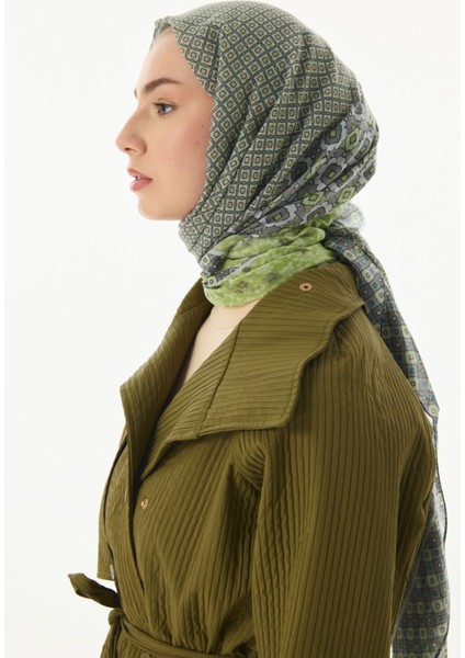 Violet Geometrik Çiçek Desen Haki Pamuklu Şal indirimleri