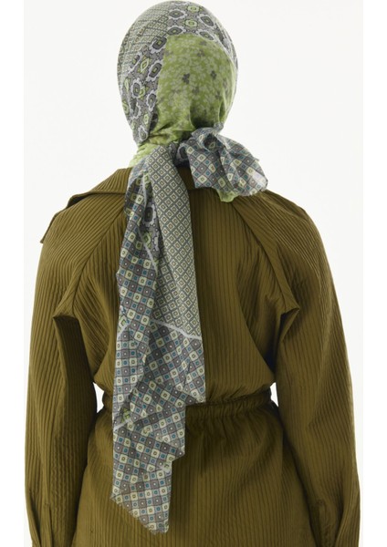 Violet Geometrik Çiçek Desen Haki Pamuklu Şal