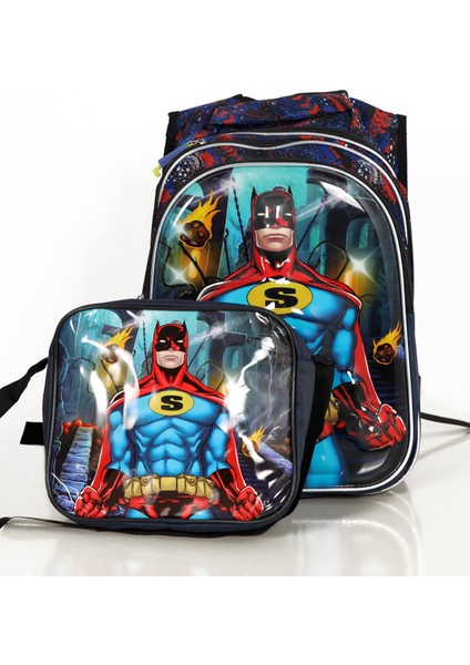 Erkek Çocuk Siyah Batman Baskılı Ikili Ilk ve Orta Okul Sırt ve Beslenme Çantası Takımı