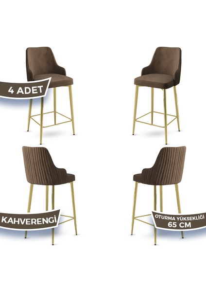 Tera Serisi 4 Adet Kahverengi Babyface Kumaş 65 cm Gold Kaplama Ayaklı Bar Sandalyesi
