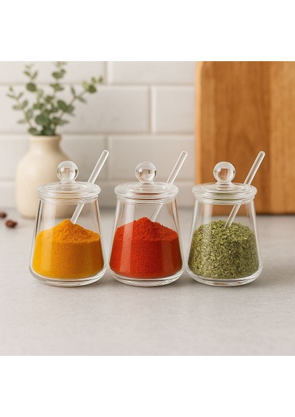 3'lü Borosilikat Cam Kapaklı Cam Kaşıklı Baharatlık Seti