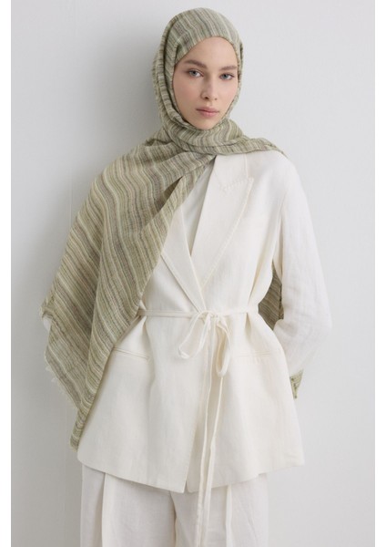 Baby Haki Ince Çizgili Keten Dokulu Pamuklu Şal