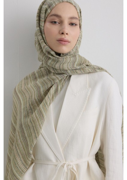 Baby Haki Ince Çizgili Keten Dokulu Pamuklu Şal modelleri