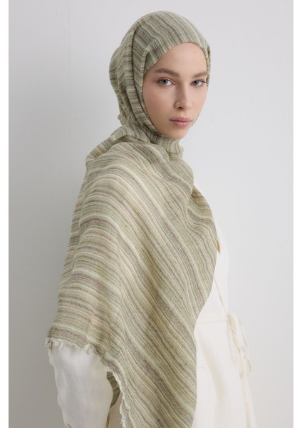 Baby Haki Ince Çizgili Keten Dokulu Pamuklu Şal indirimleri