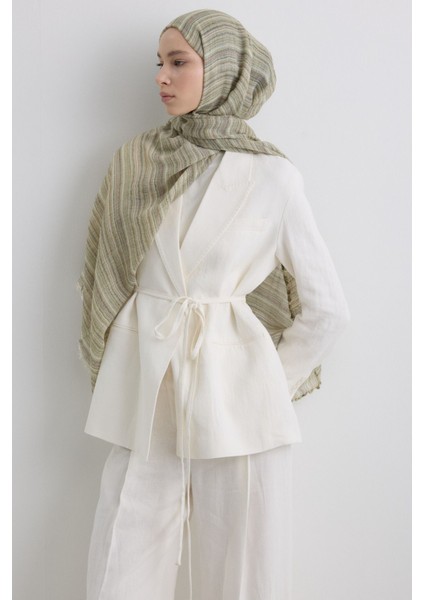 Baby Haki Ince Çizgili Keten Dokulu Pamuklu Şal