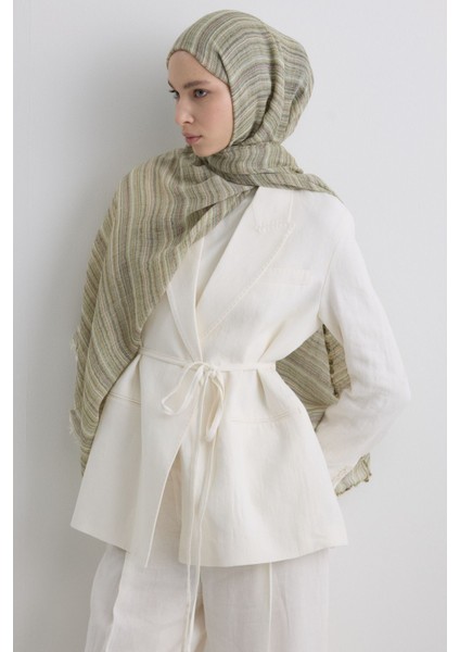 Baby Haki Ince Çizgili Keten Dokulu Pamuklu Şal