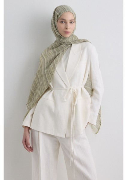 Baby Haki Ince Çizgili Keten Dokulu Pamuklu Şal