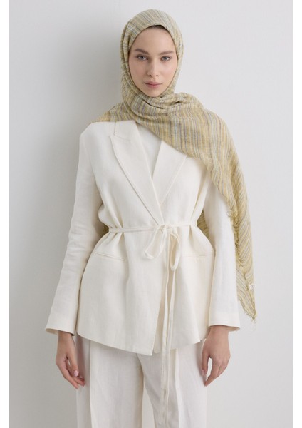 Baby Sarı Ince Çizgili Keten Dokulu Pamuklu Şal