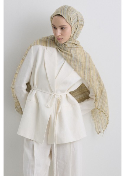 Baby Sarı Ince Çizgili Keten Dokulu Pamuklu Şal